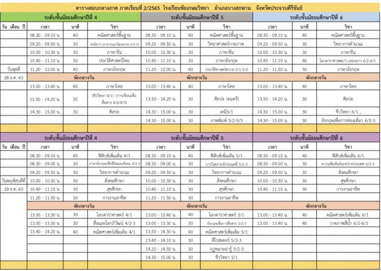 ตารางสอบกลางภาคเรียนที่ 2/2565