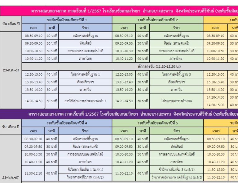 ตารางสอบกลางภาคเรียนที่ 1/2567